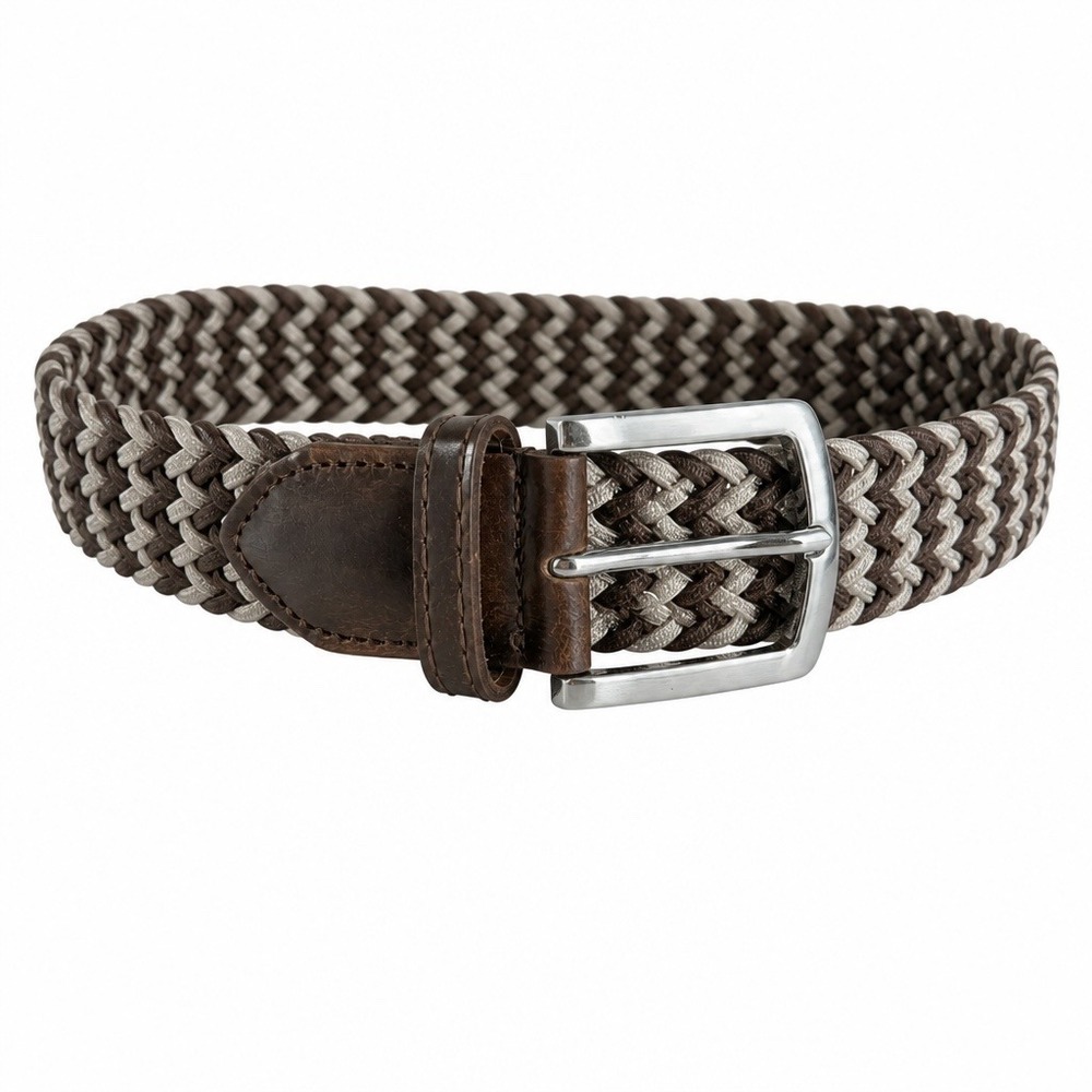Mens Chevron‎ Braided Woven Brown Tan Leather Stretch Belt OS Silver Buckle
